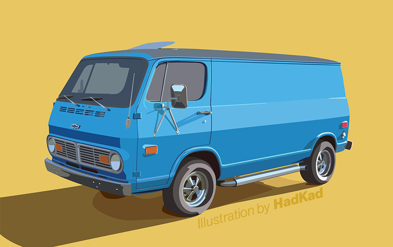 Image: An original vector illustration by HadKad of a blue classic van.