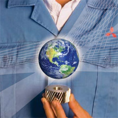 Image: Detail from a print magazine ad with a visual of the Earth hovering over a machined gear.