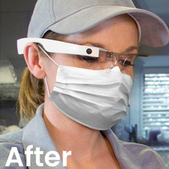 Image: Detail from a retouched photo showing a food worker wearing smartglasses and a face mask.