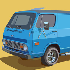 Image: Detail from a vector illustration by HadKad of a blue classic van